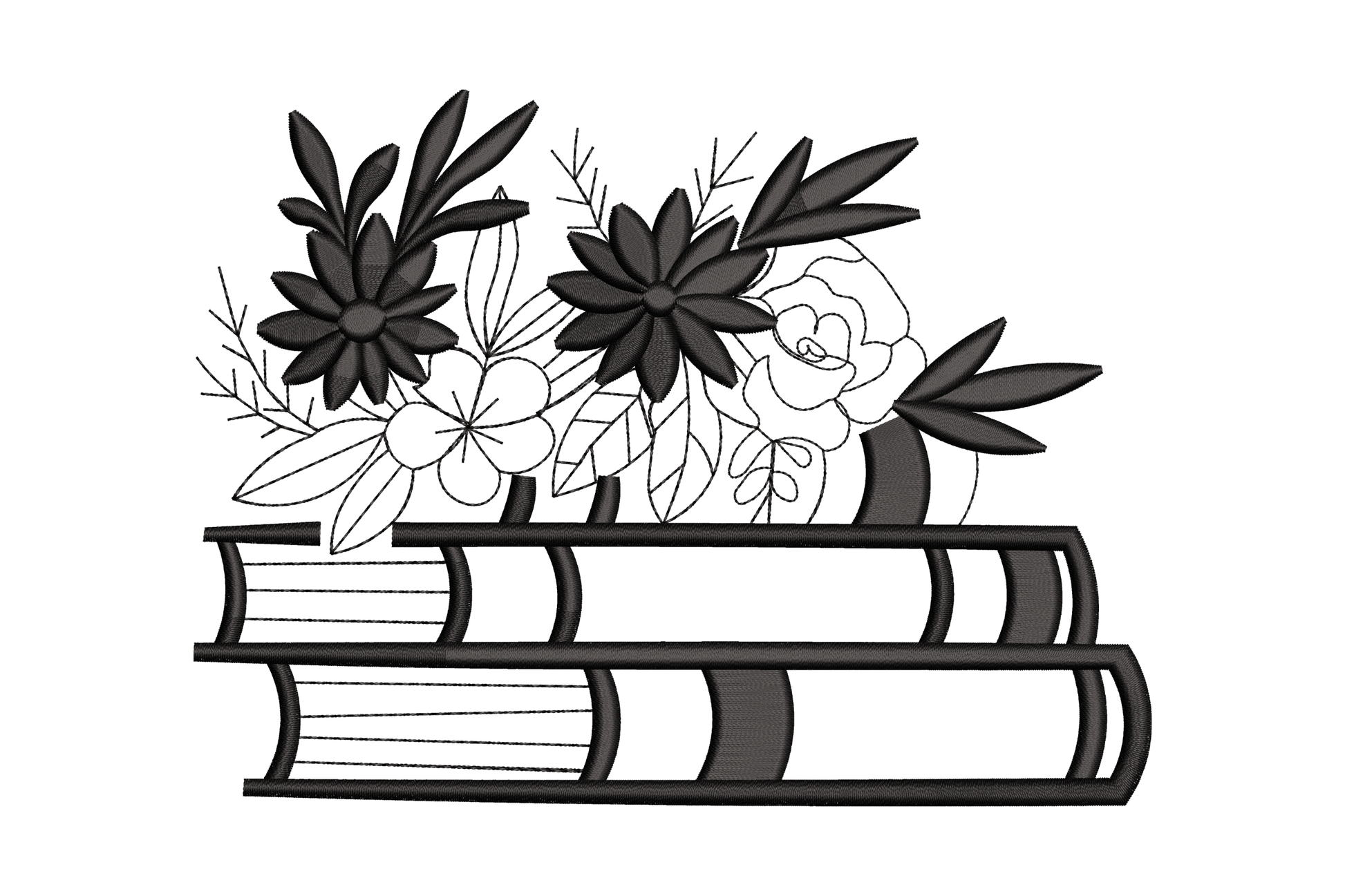Two stacked books with mixed daisy and peony bouquet, single colour filled machine embroidery design, 5 sizes