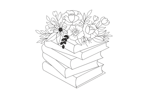 Stacked books with peony and rose bouquet in pure line art, single colour machine embroidery, 5 sizes up to 7.5 inches