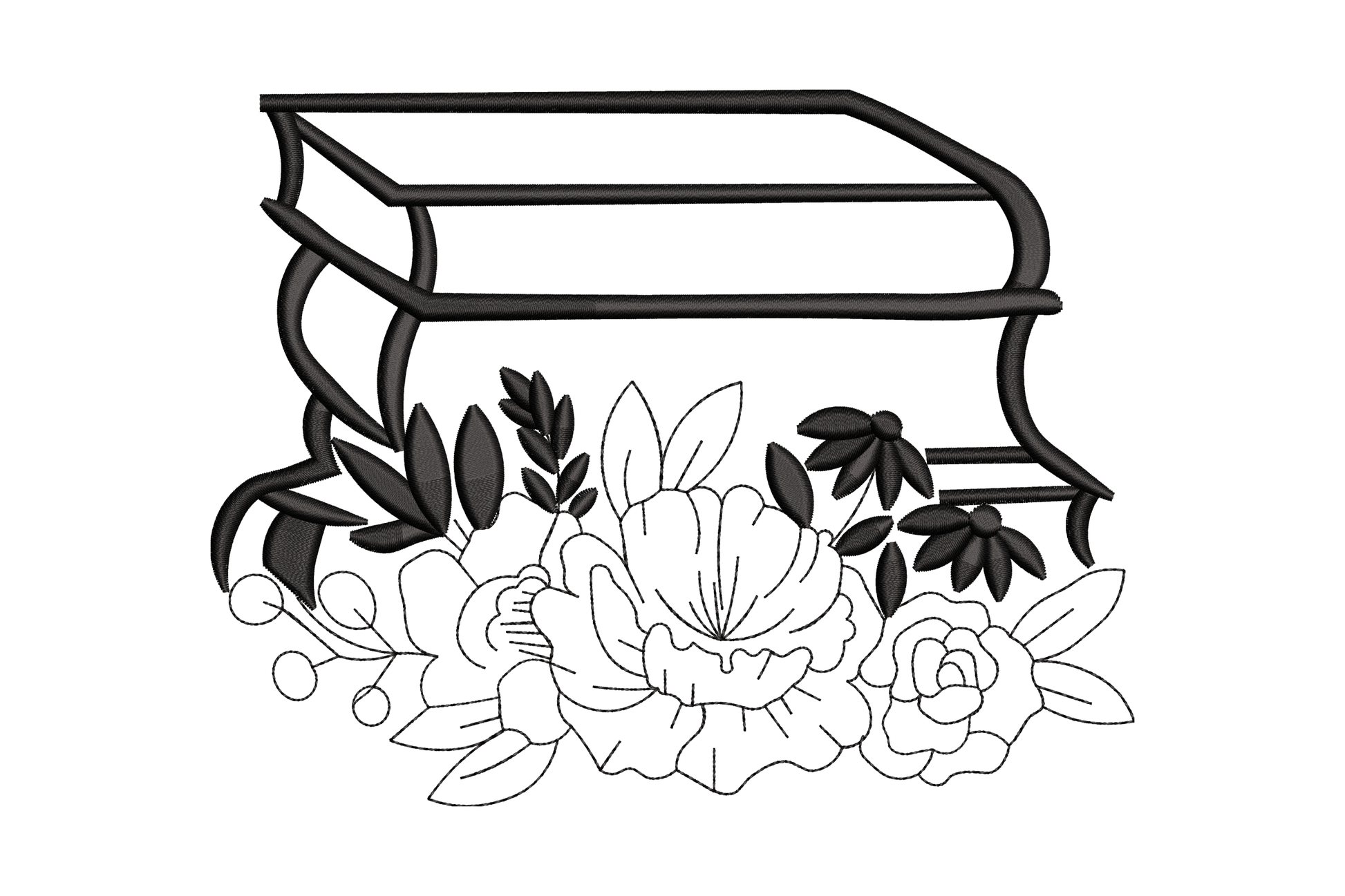 Stacked books with botanical floral line art machine embroidery design, black thread outline style with peonies and roses below, 5 sizes 1.9 to 5 inches, 1 colour