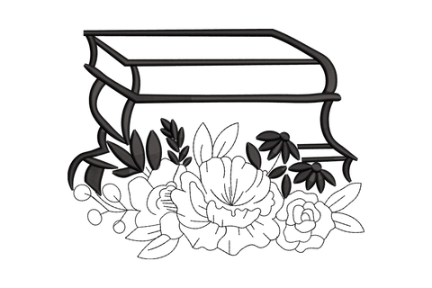 Stacked books with botanical floral line art machine embroidery design, black thread outline style with peonies and roses below, 5 sizes 1.9 to 5 inches, 1 colour
