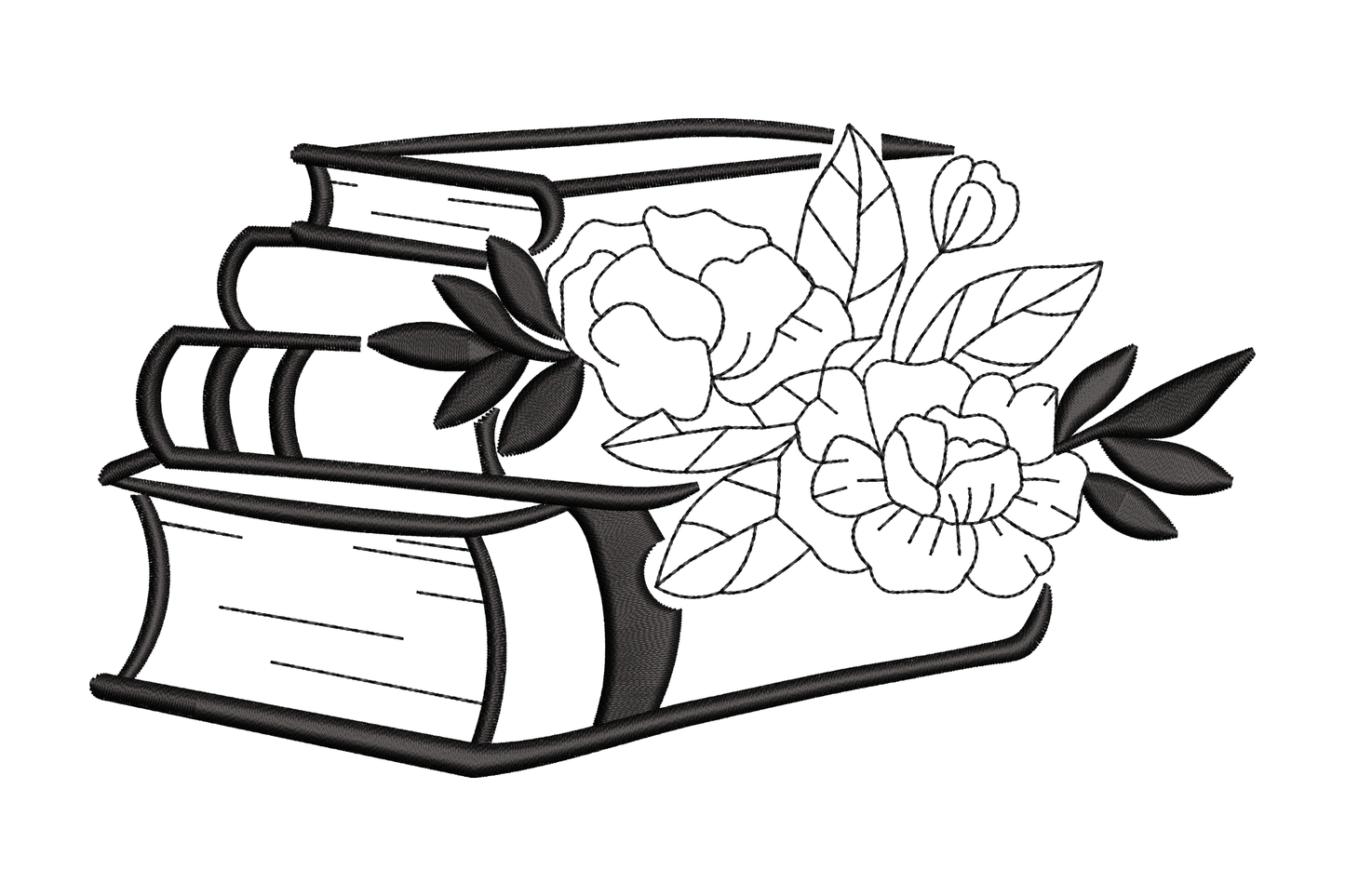 Three stacked books with peony outline flowers, single colour machine embroidery design, 5 sizes