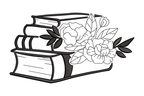 Three stacked books with peony outline flowers, single colour machine embroidery design, 5 sizes