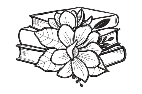 Stacked books with flower embroidery design showing three books at an angle with a large open magnolia bloom draped across the top in black line art