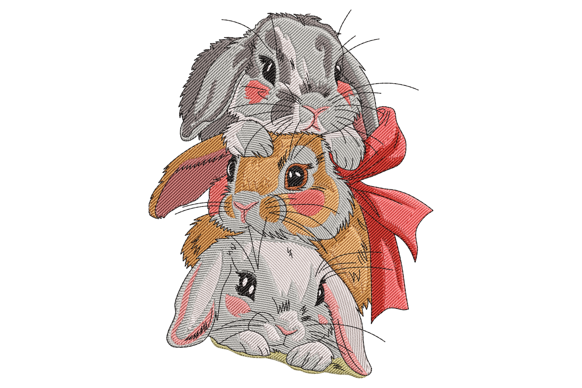 Three stacked easter lop bunnies embroidery in soft grey rust orange and white with red bow ribbon and pink cheeks