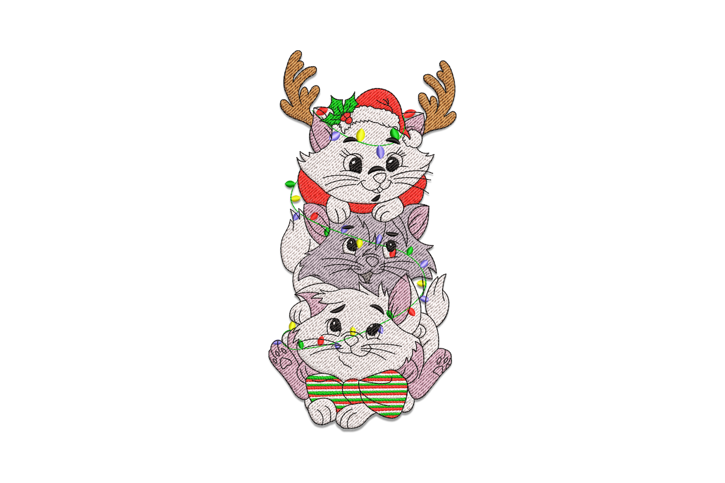 Machine embroidery design of three stacked grey cats with christmas accessories including reindeer antlers, santa hat and fairy lights on white background