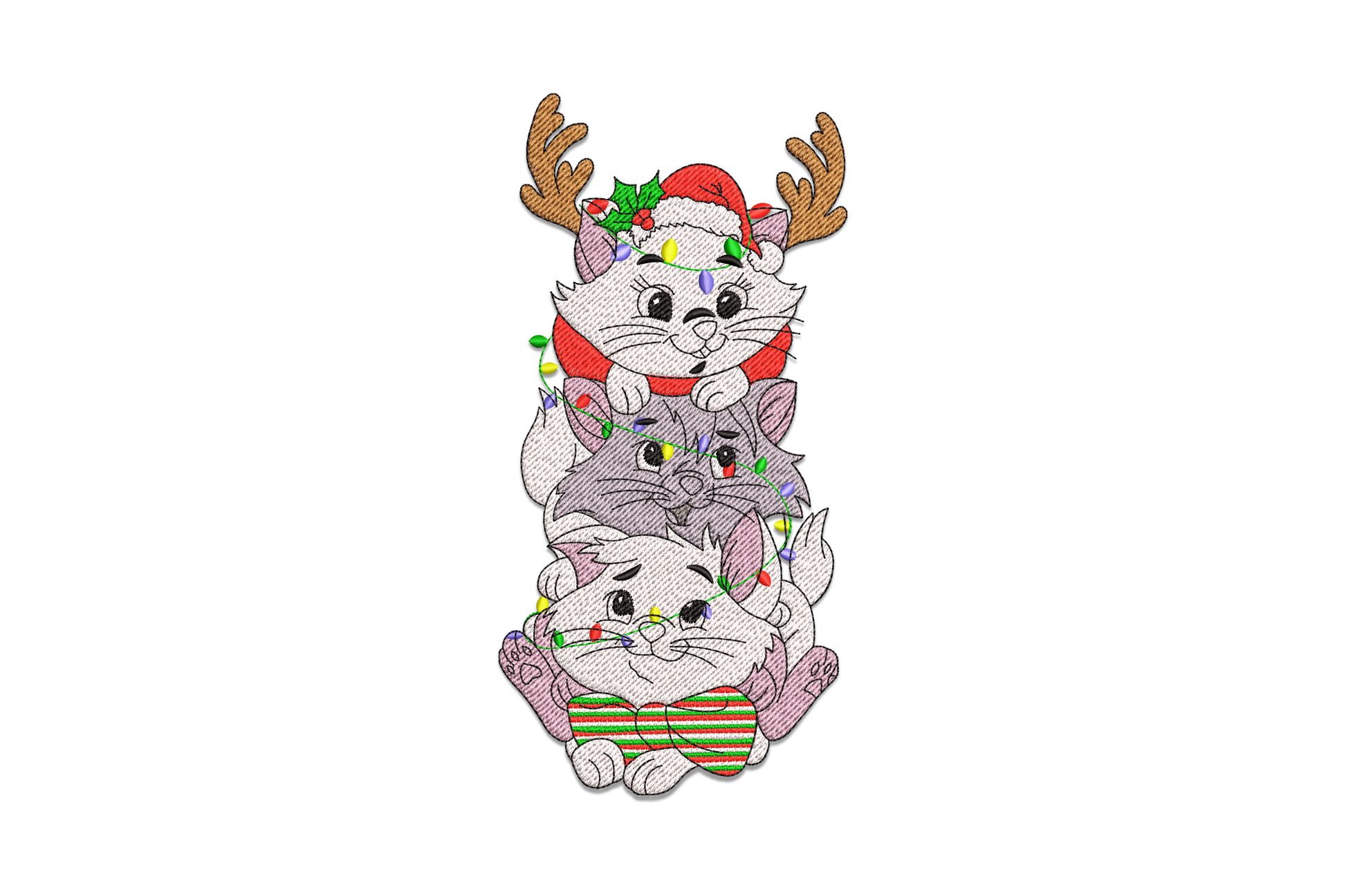 Machine embroidery design of three stacked grey cats with christmas accessories including reindeer antlers, santa hat and fairy lights on white background