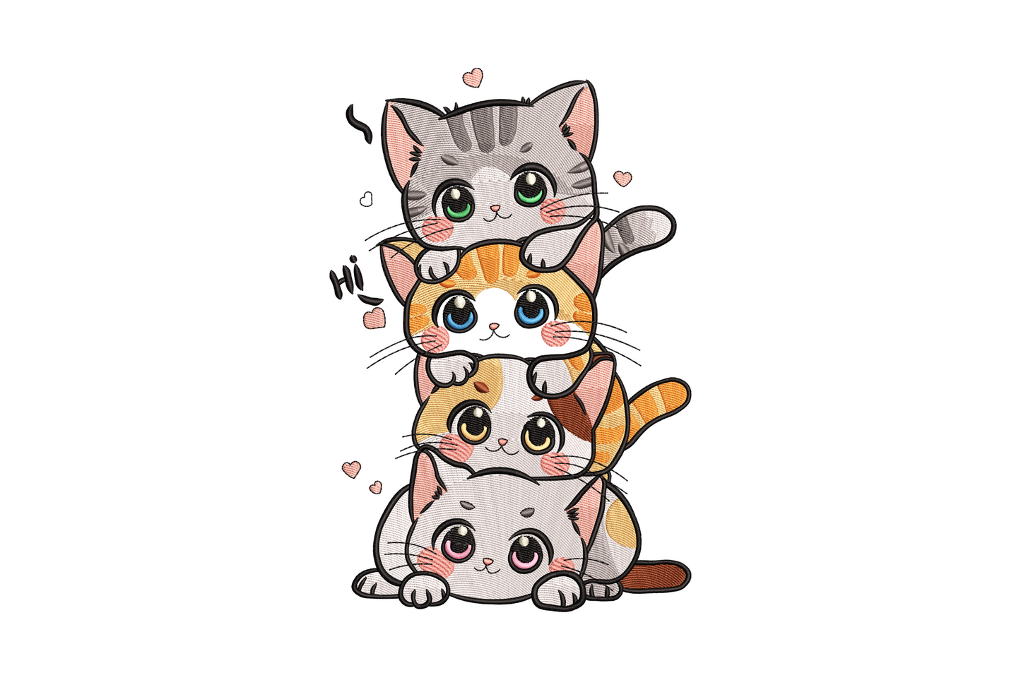 Three stacked cute cats embroidery design with 14 colour palette showing tabby and grey coat patterns, vertical composition on white fabric