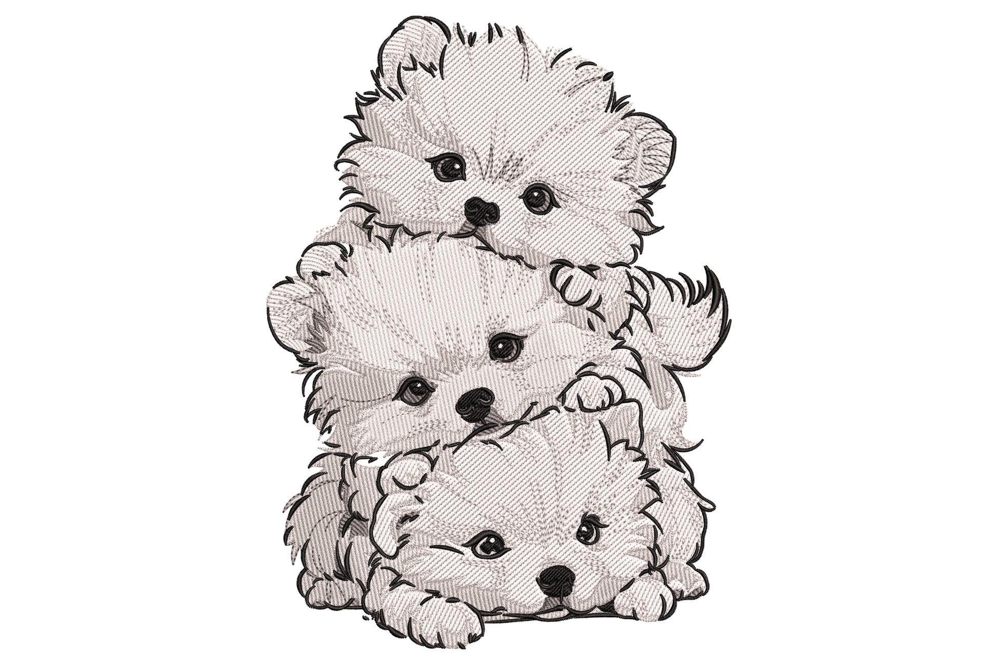 Three fluffy puppies stacked in a sketchy line-art tower with white, dark blue and black thread embroidery design.