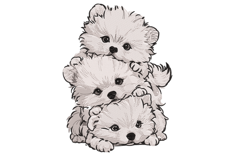 Three fluffy puppies stacked in a sketchy line-art tower with white, dark blue and black thread embroidery design.