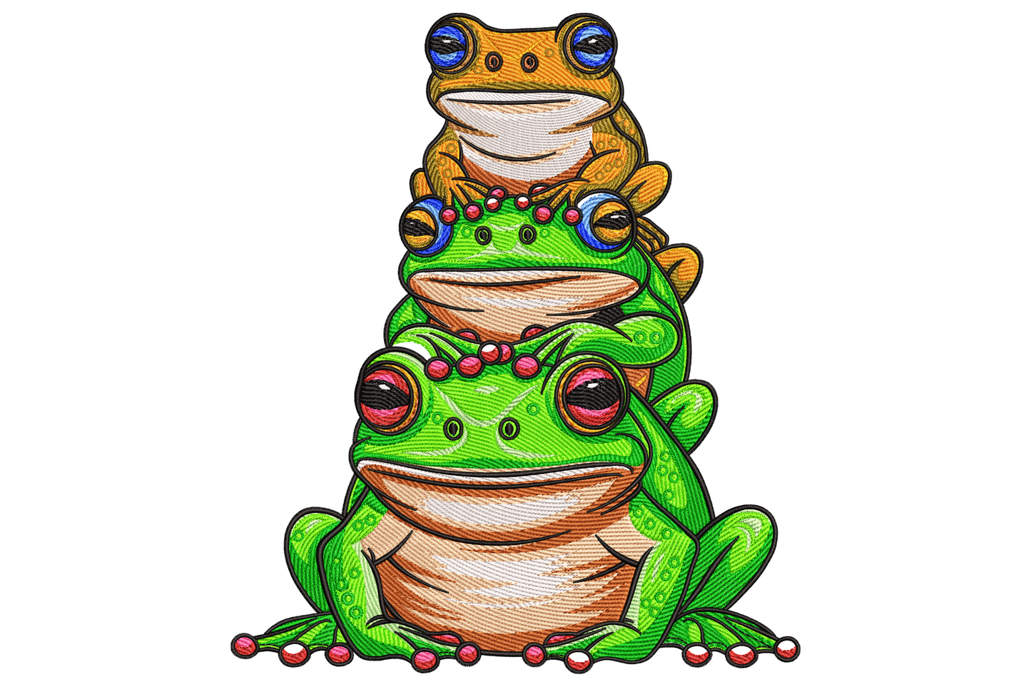 Stacked frog embroidery design with three frogs balanced on top of each other, green, orange-brown and pink bead details on cream cotton.