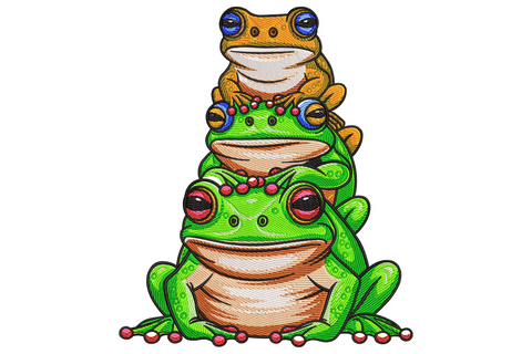Stacked frog embroidery design with three frogs balanced on top of each other, green, orange-brown and pink bead details on cream cotton.