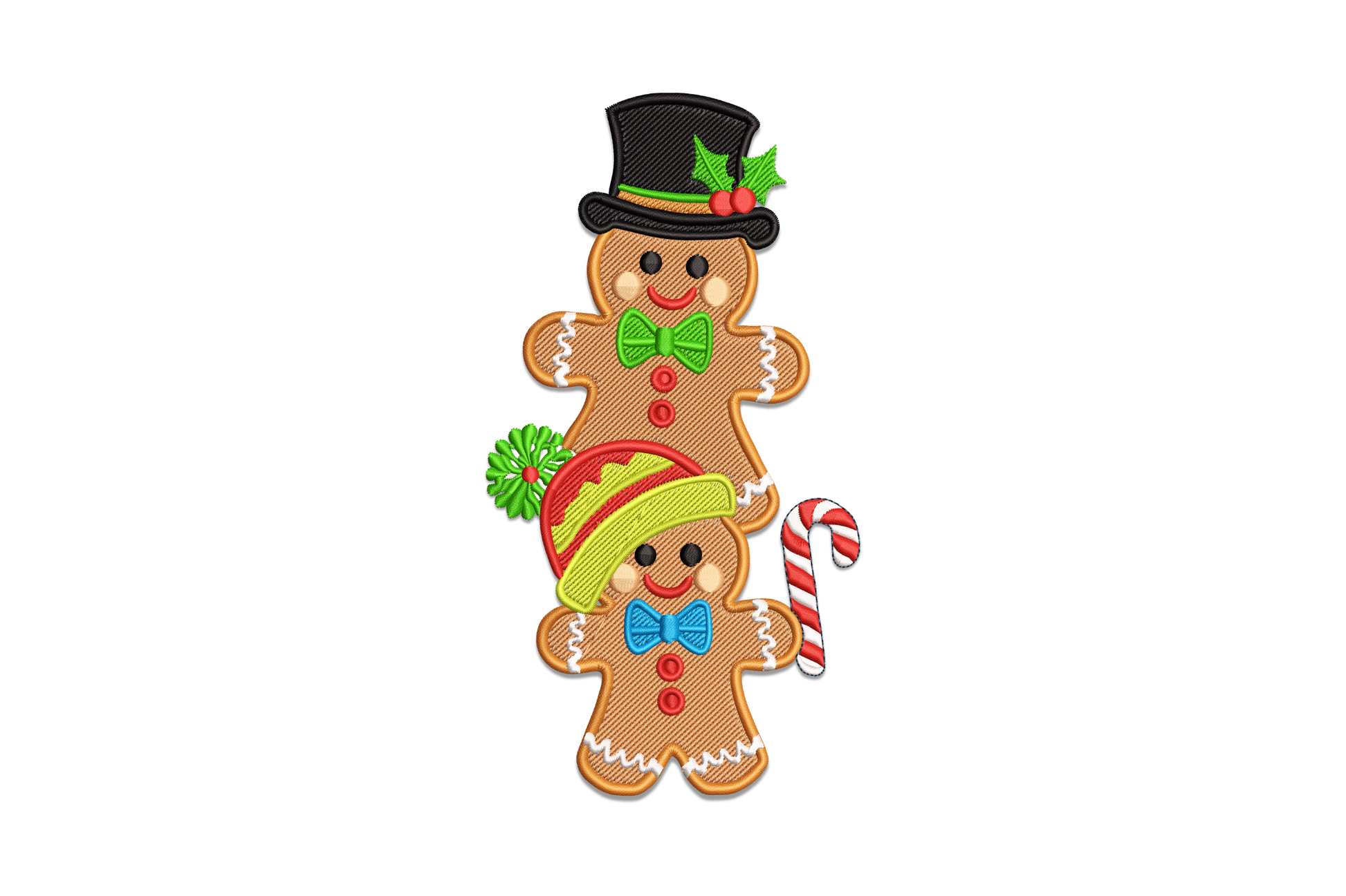 Stacked gingerbread men embroidery, two figures in top hat and striped Christmas hat with candy cane, 10 colours