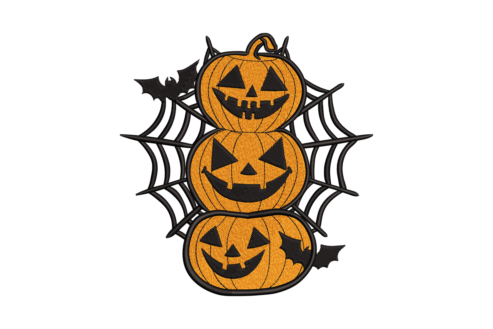 Stacked jack-o-lanterns spider embroidery design, three carved halloween pumpkins with white spider on charcoal tote