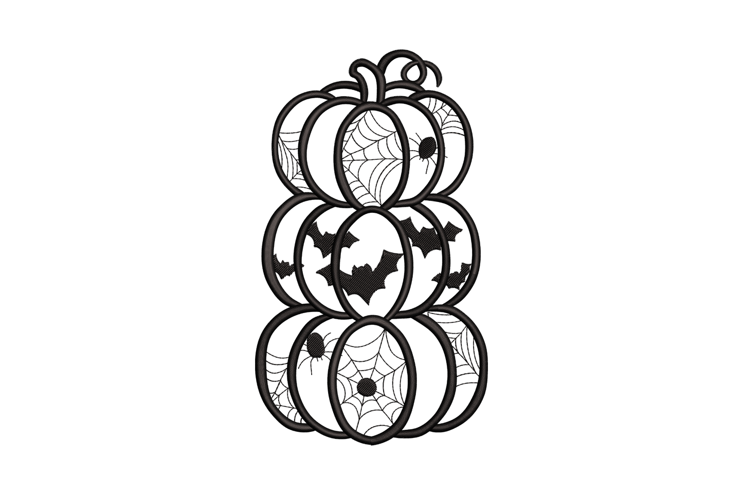Stacked pumpkin silhouette embroidery design, three solid black pumpkins stacked vertically on rust tea towel