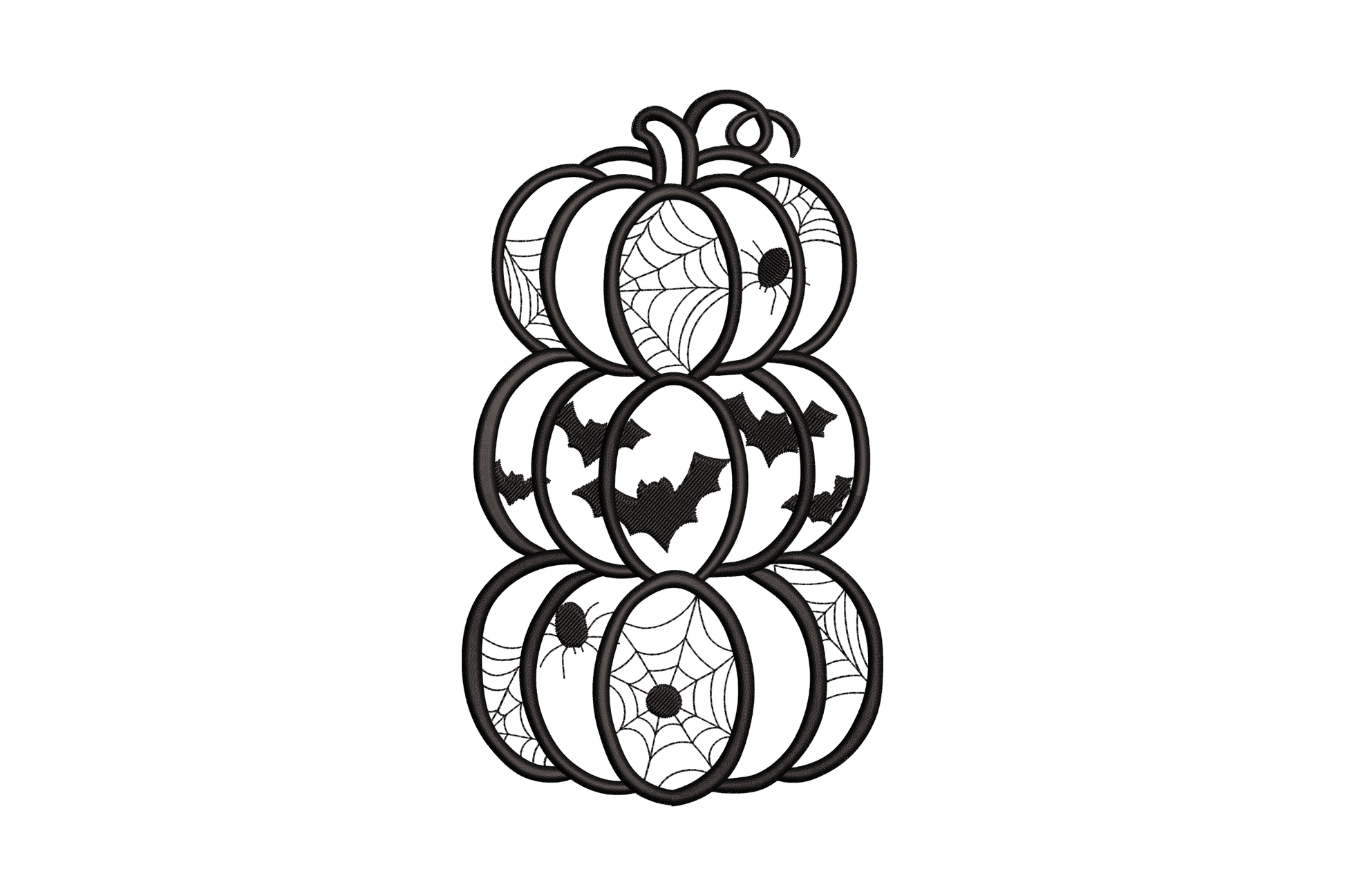 Stacked pumpkin silhouette embroidery design, three solid black pumpkins stacked vertically on rust tea towel