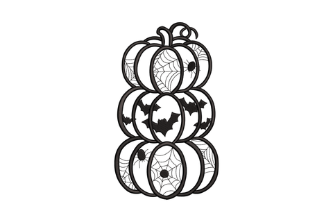 Stacked pumpkin silhouette embroidery design, three solid black pumpkins stacked vertically on rust tea towel