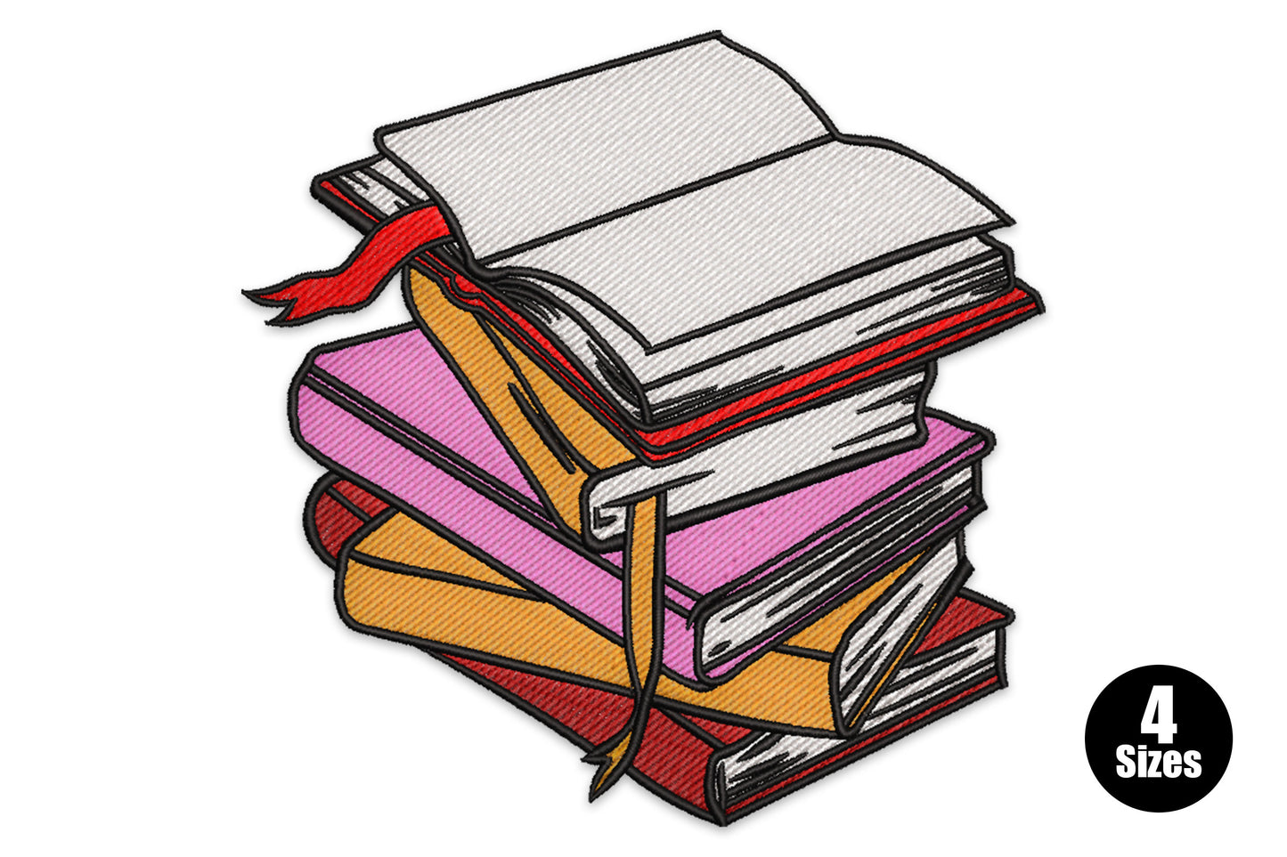 Stack of books embroidery design with 6 thread colours and visible spines, book lover machine embroidery pattern for totes and gifts