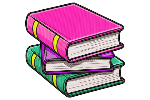 Stack of books embroidery, pink hardback on top of a teal hardback, both with yellow bookmarks and cream pages.