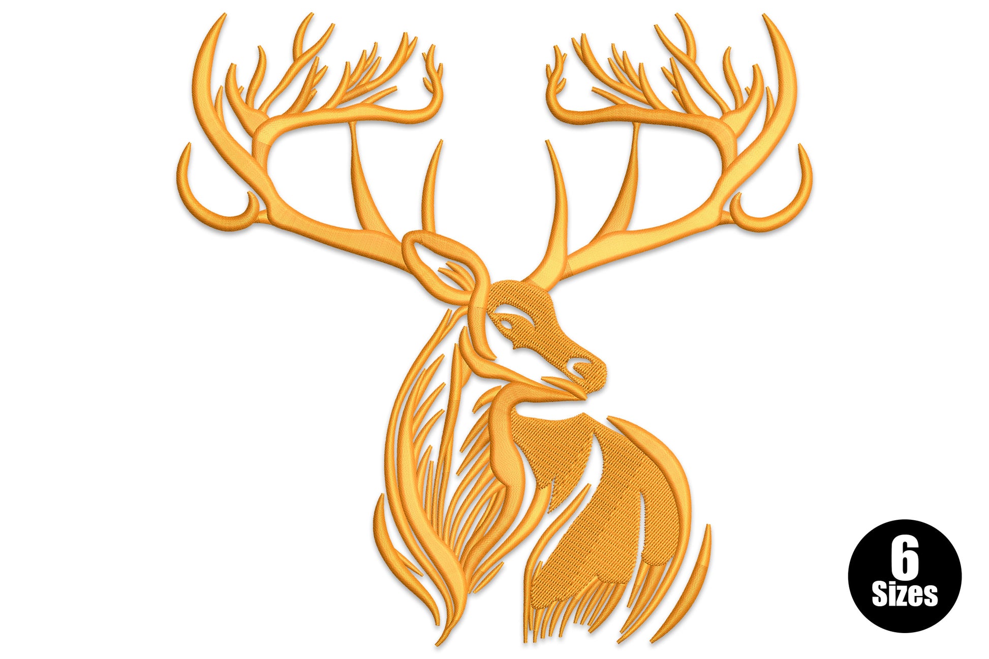 Stag with antlers embroidery design, full deer head mount portrait in orange thread with antler rack and flowing mane detail, wildlife machine embroidery