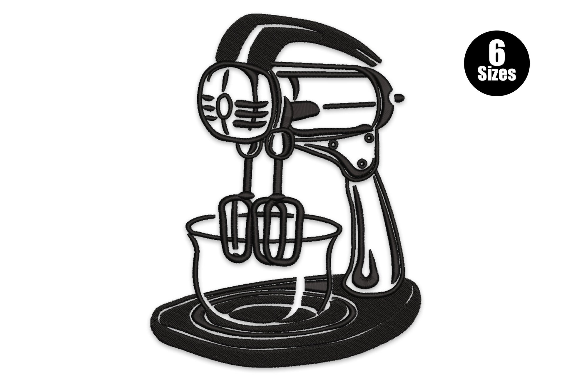 Stand mixer embroidery design in black thread, 3/4 view with dough hooks in bowl and circular base, solid fills on motor head.