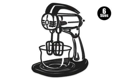 Stand mixer embroidery design in black thread, 3/4 view with dough hooks in bowl and circular base, solid fills on motor head.