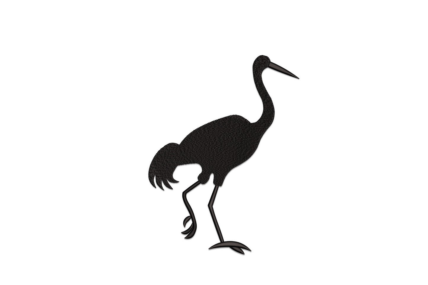 Standing crane silhouette embroidery design, solid black single-colour bird, raised neck pose, machine embroidery.