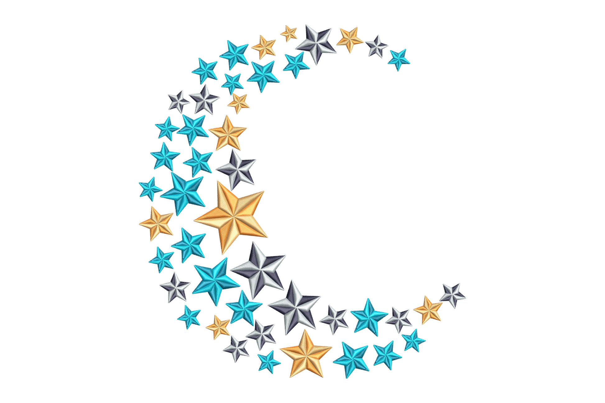 Star and moon embroidery design in dreamy celestial nursery style, soft crescent moon and star with gold and ice blue shading
