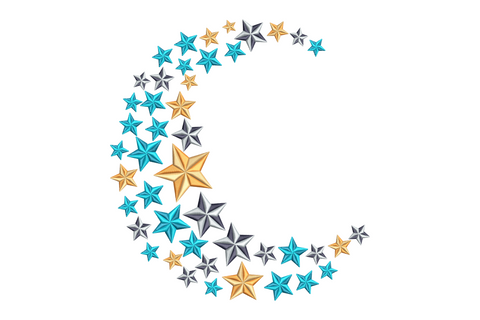 Star and moon embroidery design in dreamy celestial nursery style, soft crescent moon and star with gold and ice blue shading