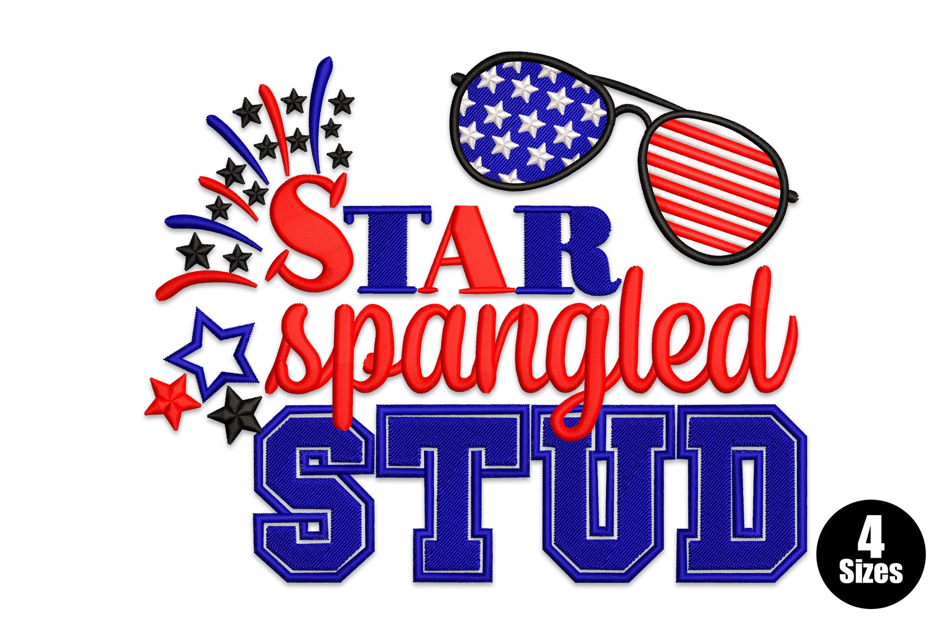 Star Spangled Stud patriotic embroidery with flag aviator sunglasses, fireworks, stars and varsity lettering in blue and red
