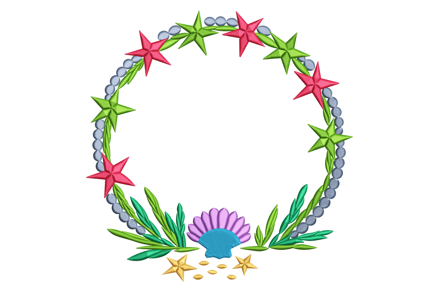 Coastal embroidery wreath of a coral starfish, conch, scallop fans, sand dollar and small seashells around an open centre.