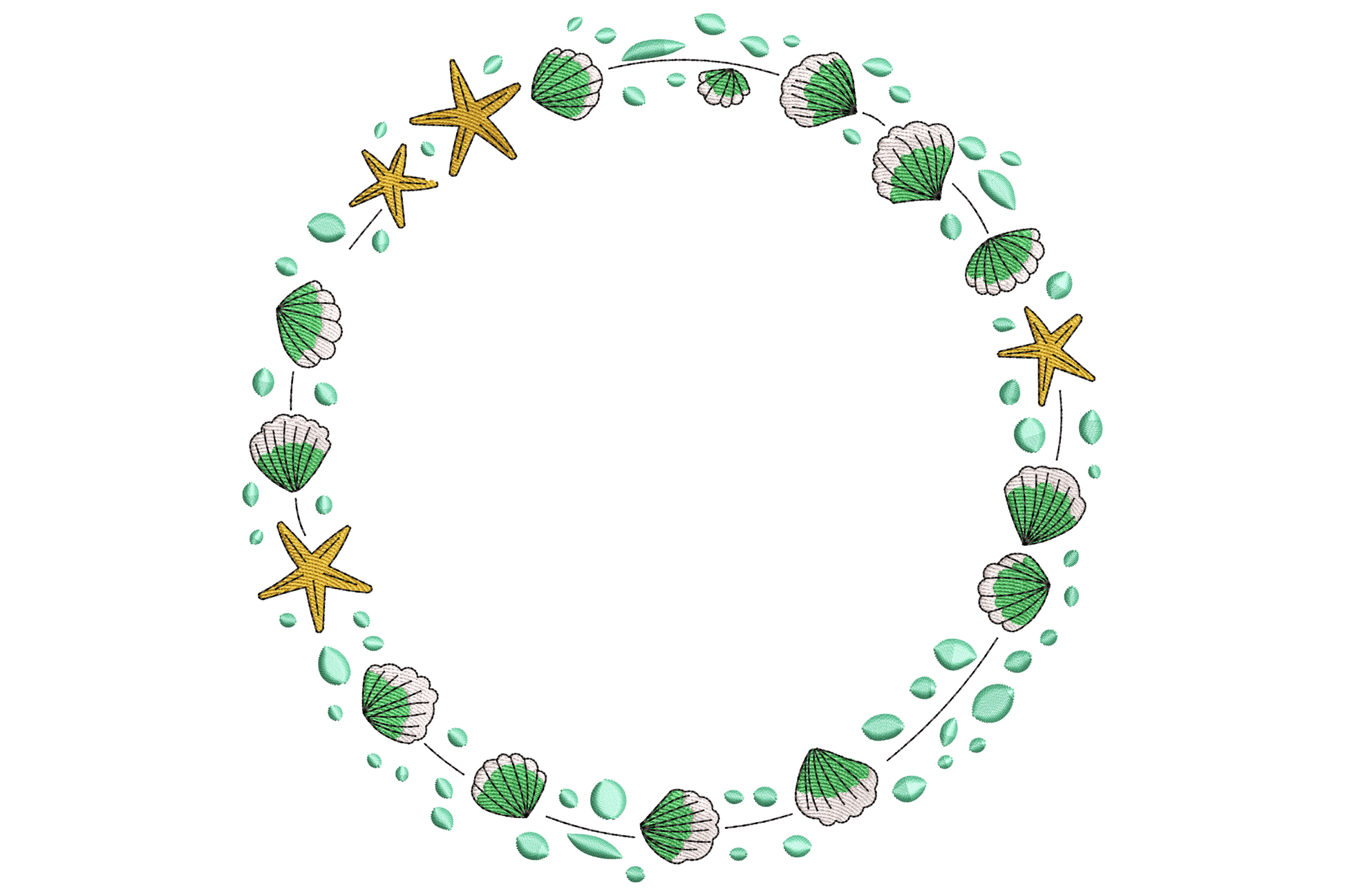 Oval coastal wreath embroidery, alternating sandy tan starfish and mint teal scallop shells with forest green ribs, small sea-foam teardrops between elements.