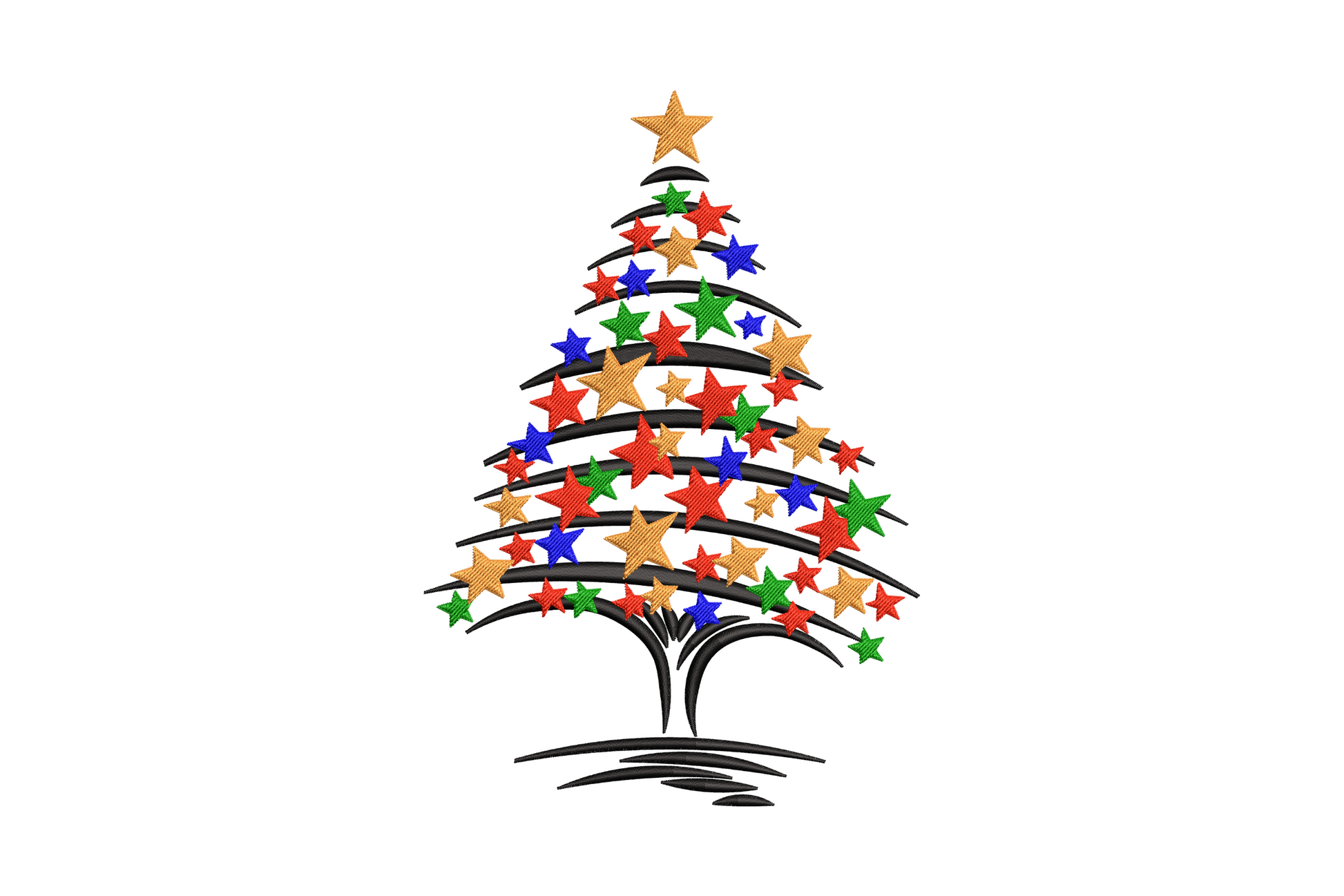 Starry Christmas tree embroidery with gold, red, green and blue star ornaments on curved branch lines and gold star topper on white