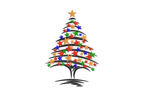 Starry Christmas tree embroidery with gold, red, green and blue star ornaments on curved branch lines and gold star topper on white