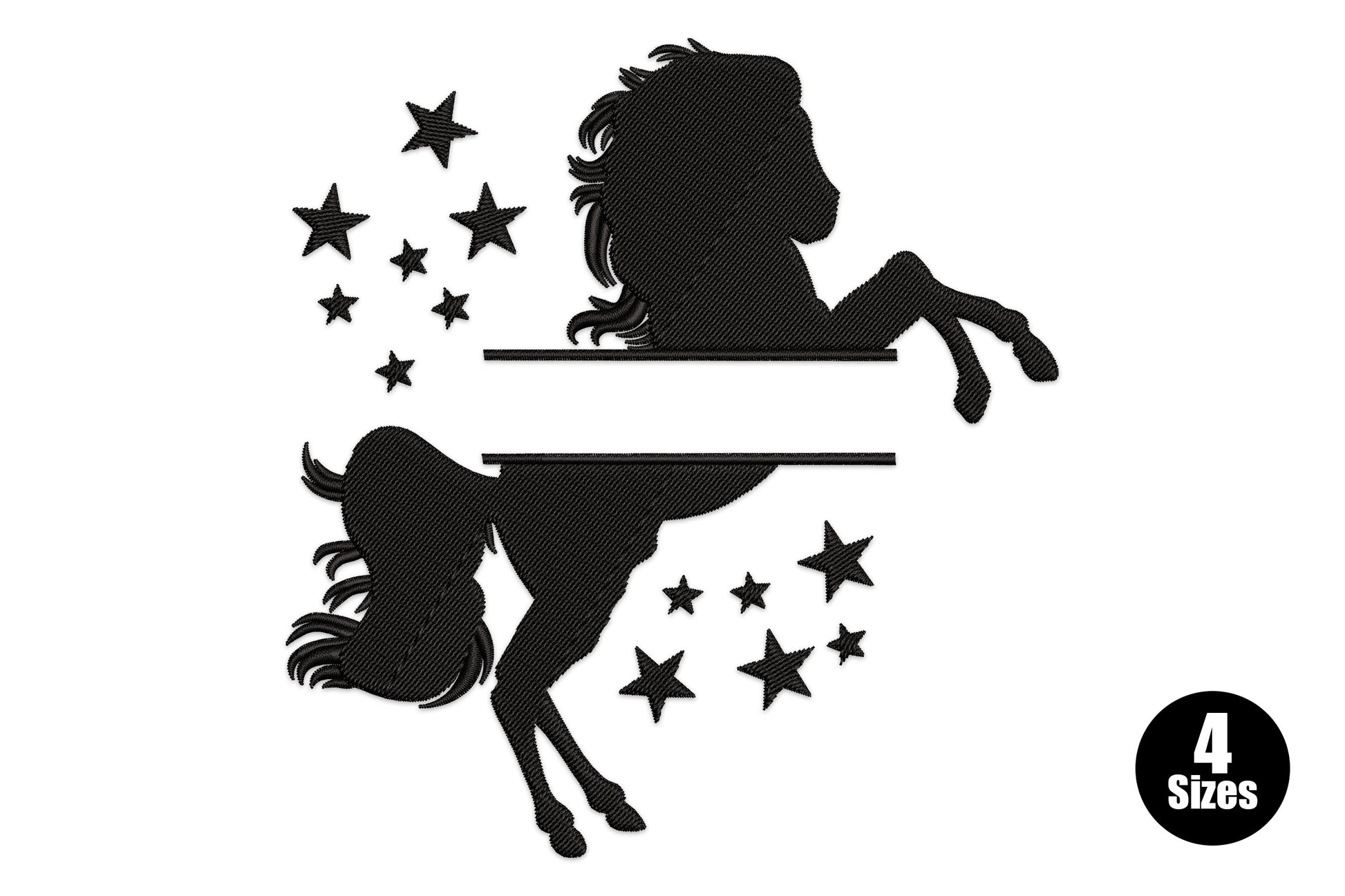 Starry horse monogram embroidery design, rearing horse black silhouette with scattered stars, single thread