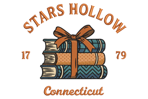 Stars Hollow Connecticut badge embroidery, ribbon-tied books in teal amber and cream, rust orange arched text and script below.
