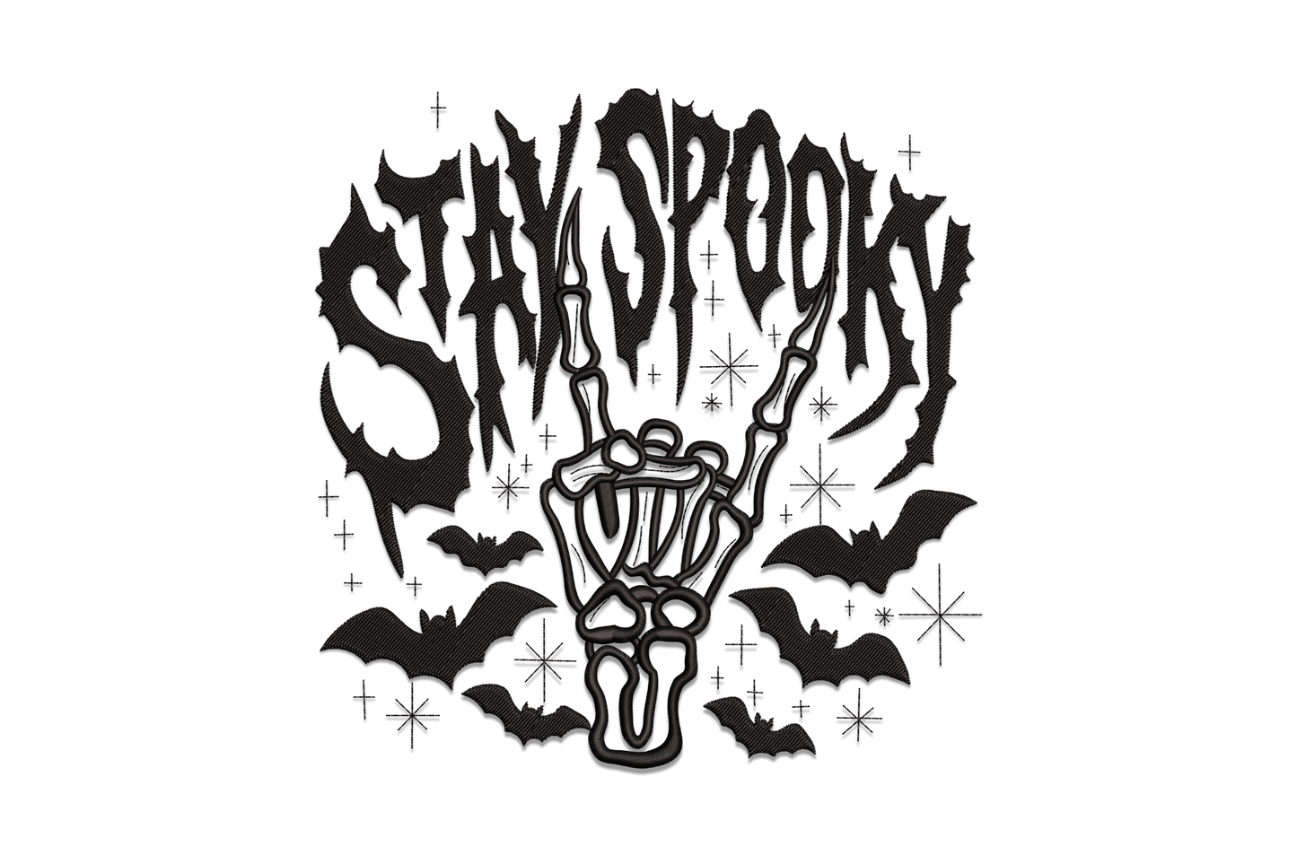Stay Spooky skeleton hand embroidery, dripping horror text with rock-horns bone hand, bat silhouettes and sparkles in black.