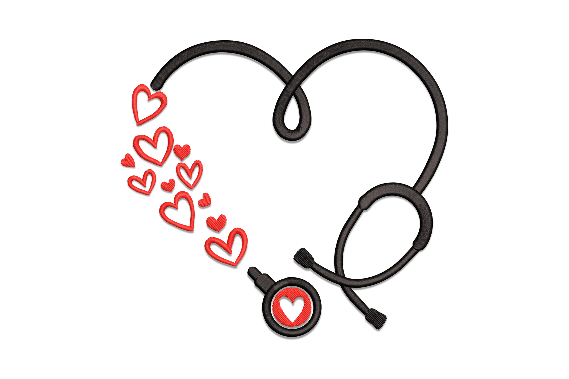 Stethoscope heart love embroidery design with black stethoscope curved into a heart shape and scattered red heart outlines