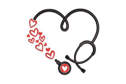 Stethoscope heart love embroidery design with black stethoscope curved into a heart shape and scattered red heart outlines