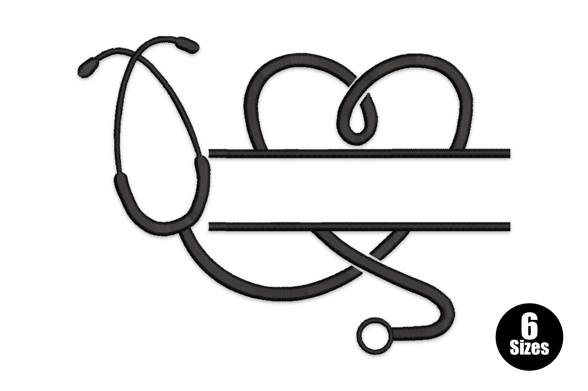 Stethoscope heart monogram embroidery design in black outline showing stethoscope tube shaped into a split heart with two horizontal name lines through the center.