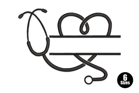 Stethoscope heart monogram embroidery design in black outline showing stethoscope tube shaped into a split heart with two horizontal name lines through the center.