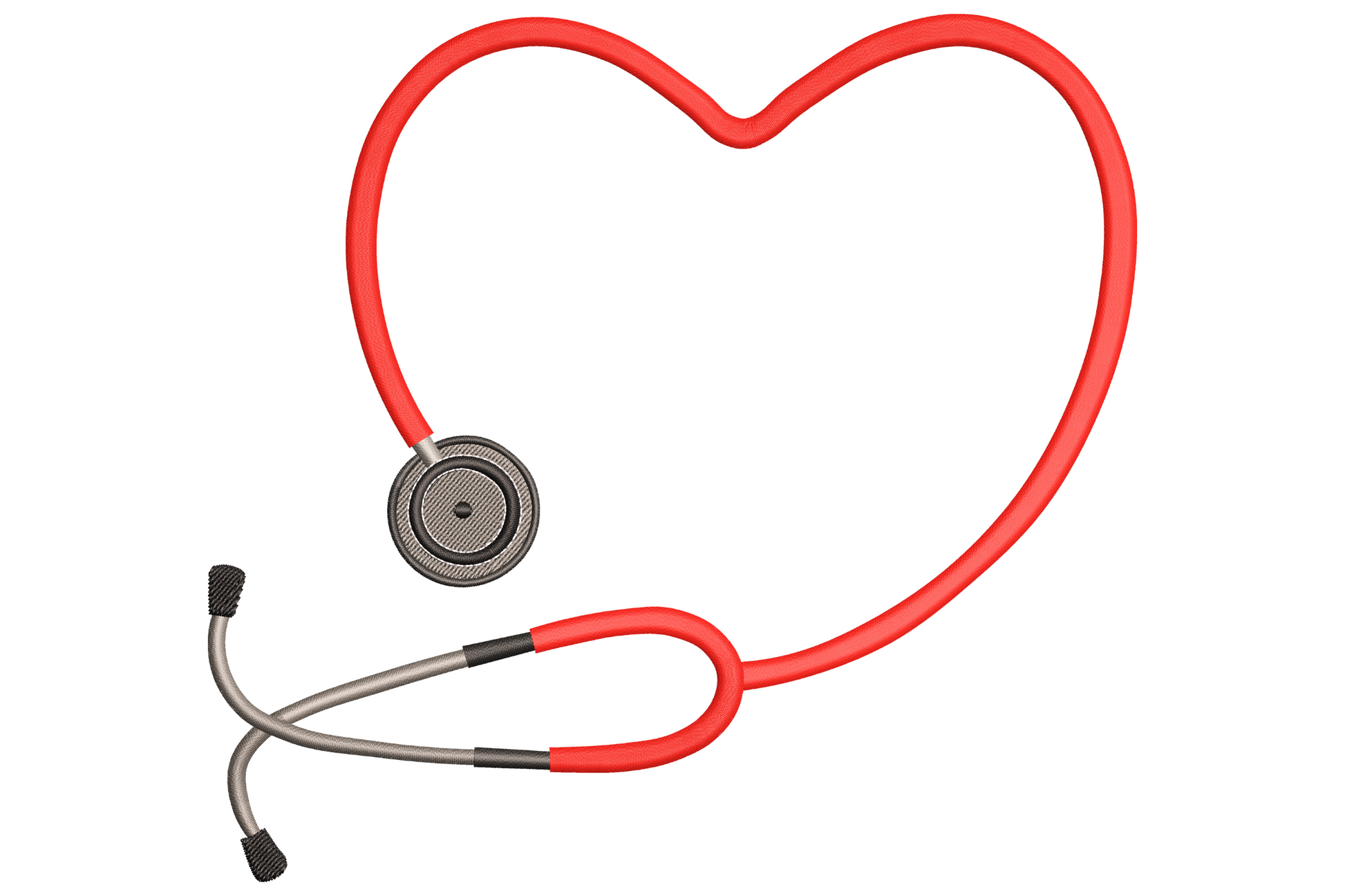 Stethoscope heart outline embroidery with red tubing curved into a heart shape, silver chestpiece and black eartips.
