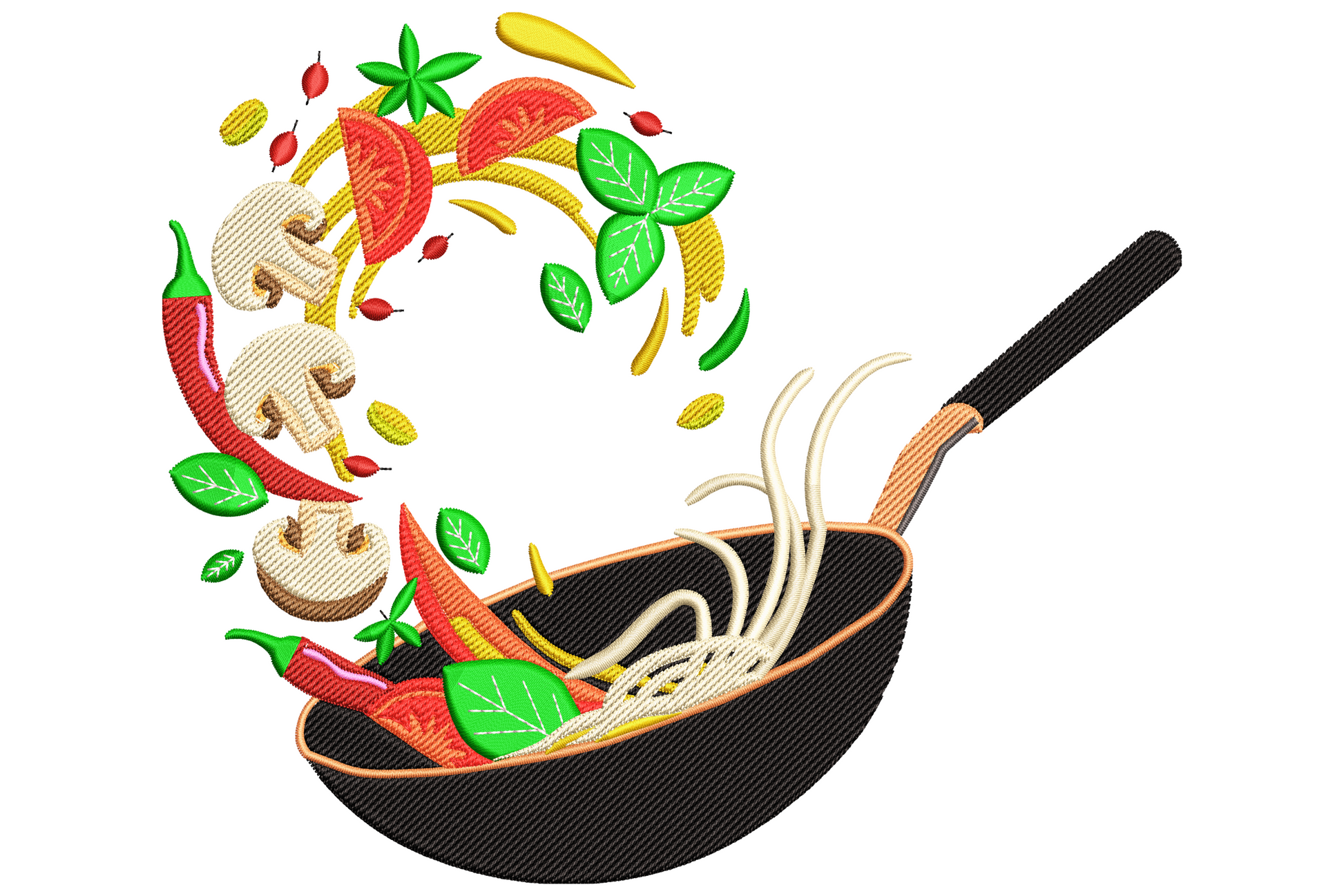 Stir fry wok embroidery with black wok pan tilted forward and noodles, red chillies, mushrooms and basil tossed mid air above the rim.