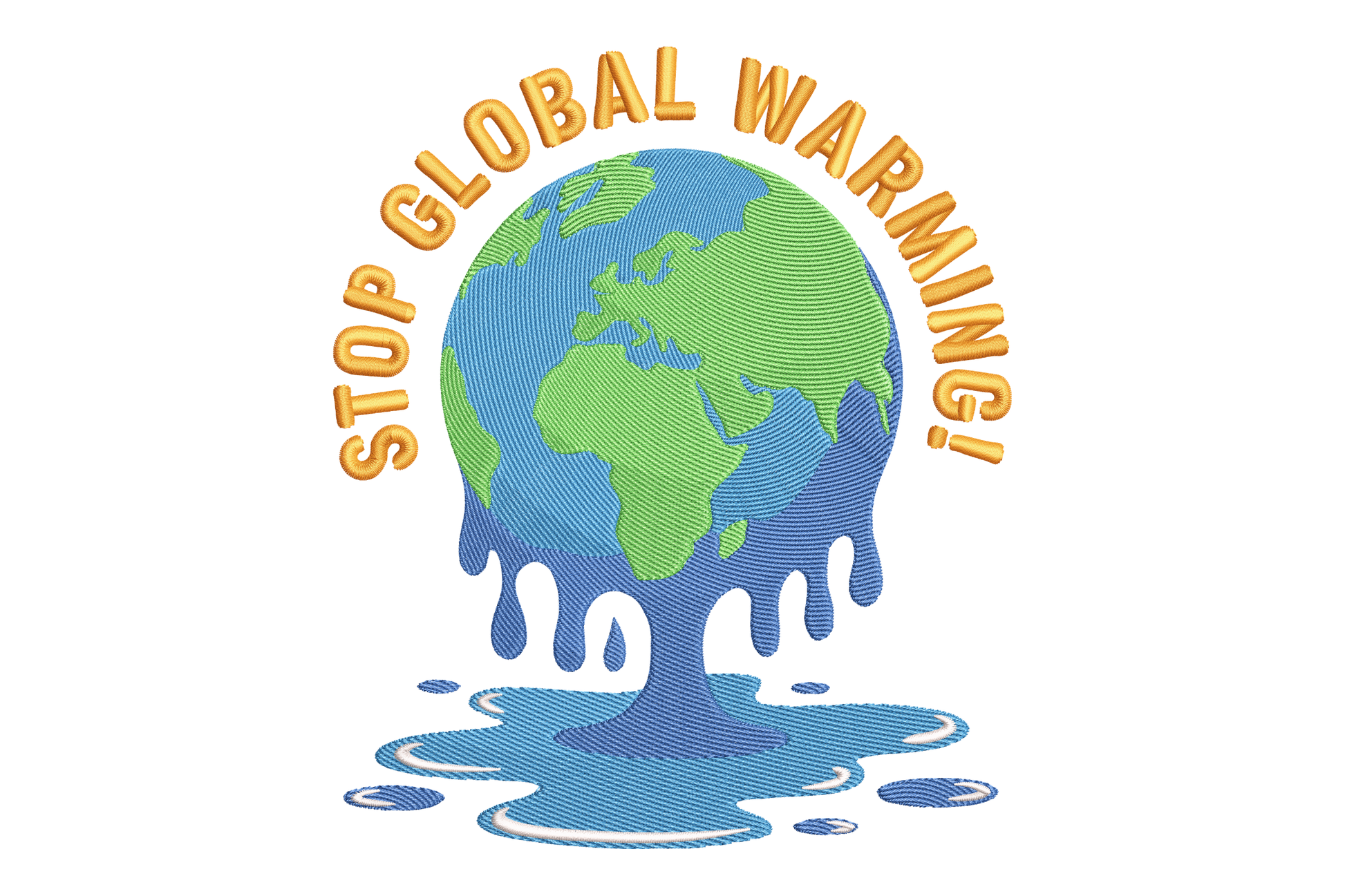 Illustration of a melting Earth with 'Stop Global Warming!' text embroidery design