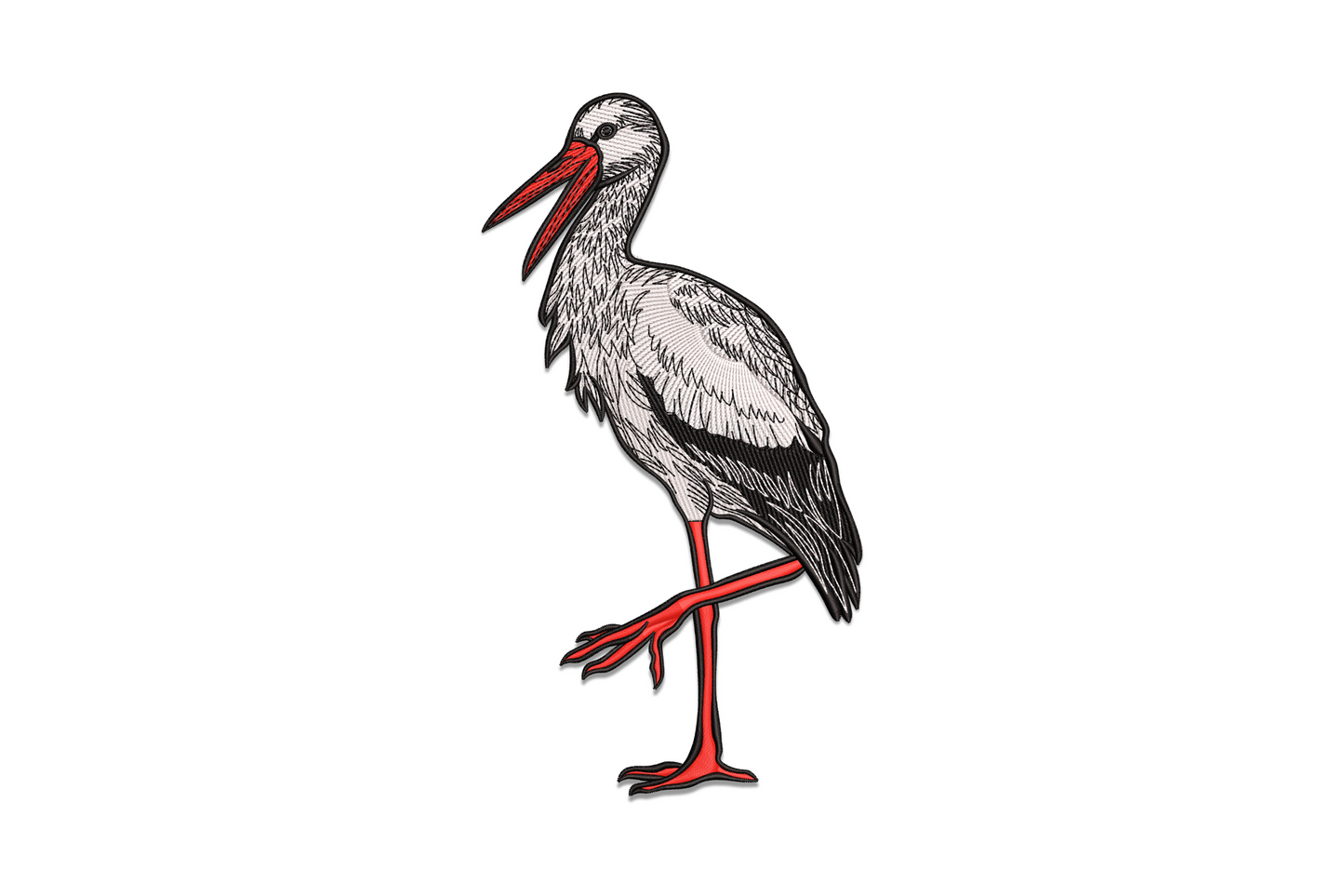 Stork bird embroidery design standing on one leg, black and white body with red beak and legs, fine directional feather stitching.