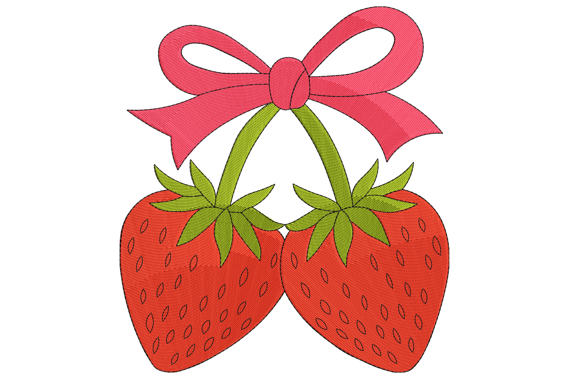 Strawberry bow embroidery design with two red berries tied together with a pink ribbon bow, 4 colours, 9 sizes, instant download 8 formats.