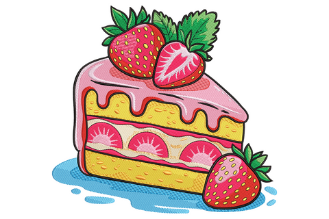 Strawberry cake slice embroidery design with two pink sponge layers, ivory cream frosting and a glossy red strawberry with yellow seeds on top.