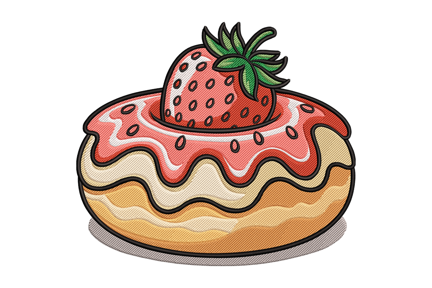 Donut with pink icing and a strawberry on top against a white background