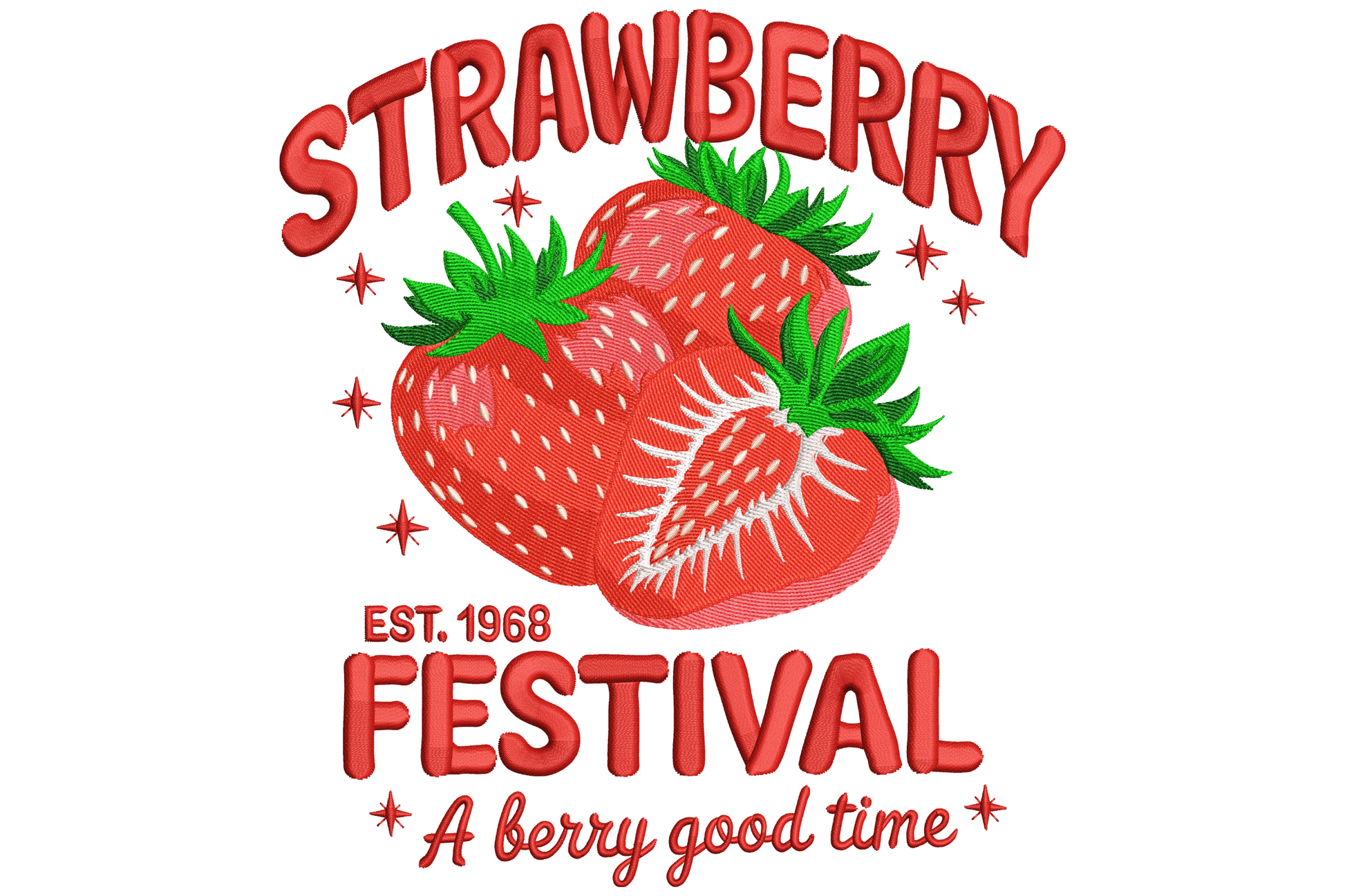 Retro strawberry festival embroidery badge with puffy lettering, two detailed strawberries and EST. 1968 stamp in dark red and green.