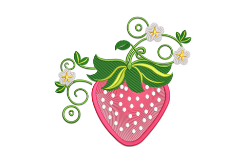 Strawberry floral botanical embroidery design with deep red berry, seed dots, green calyx, and surrounding cream and blush flowers
