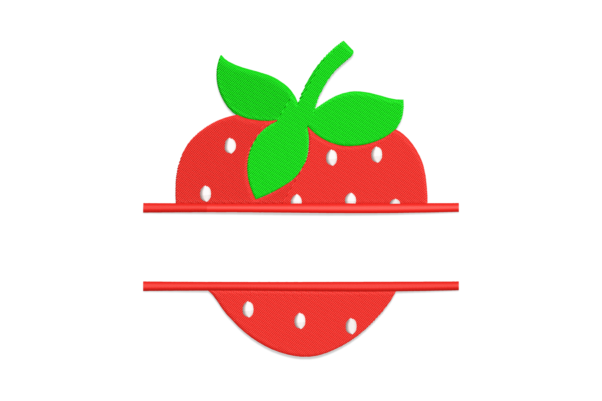 Strawberry split applique embroidery design with red fabric body, green leaf cap and satin border, shown on white background